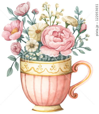 Watercolor floral arrangement in cup. Watercolor floral arrangement in cup. 122053031