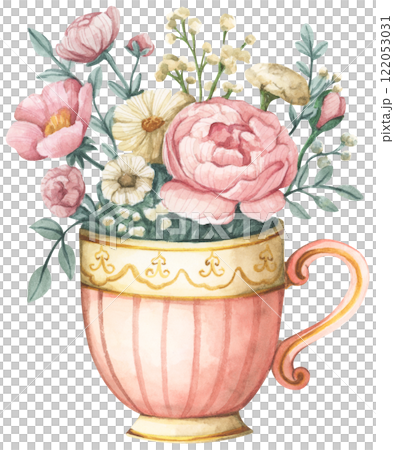 Watercolor floral arrangement in cup. Watercolor floral arrangement in cup. 122053031