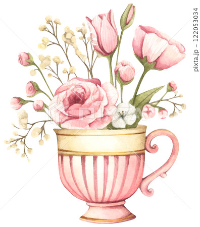 Watercolor floral arrangement in cup. Watercolor floral arrangement in cup. 122053034