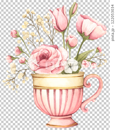 Watercolor floral arrangement in cup. Watercolor floral arrangement in cup. 122053034