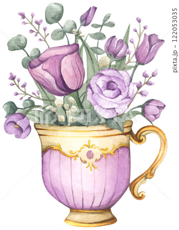 Watercolor floral arrangement in cup. 122053035