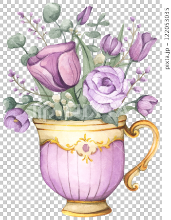 Watercolor floral arrangement in cup. 122053035