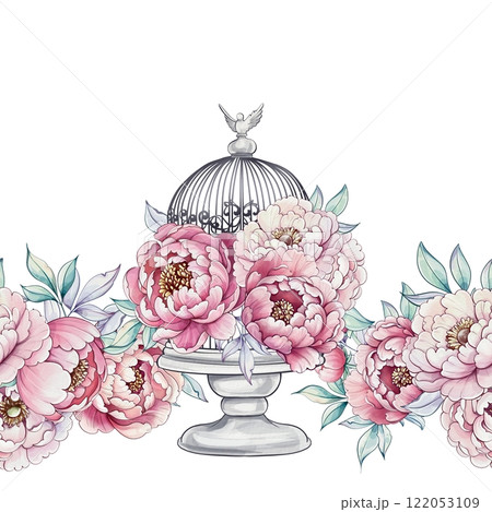 Soft hues of pink and white peonies entwine gracefully around a charming birdcage, showcasing natures beauty and artistry seamless pattern, ornament 122053109