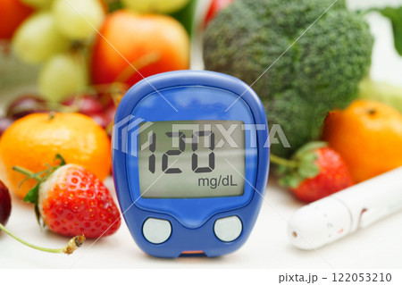 Digital glucose meter food for check sample blood sugar level to treatment diabetes with vegetable and fruit healthy. 122053210
