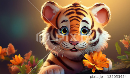 Adorable baby tiger character design. Minimalist and Cute Style. AI Generated. Adorable baby tiger character design. Minimalist and Cute Style. AI Generated. 122053424