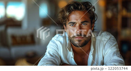Portrait of a Handsome Young Man with a Thoughtful Expression 122053744