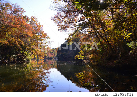 紅葉が湖畔を彩る震生湖 122053812