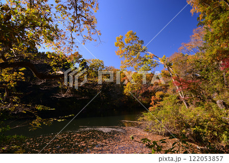 紅葉が湖畔を彩る震生湖 122053857