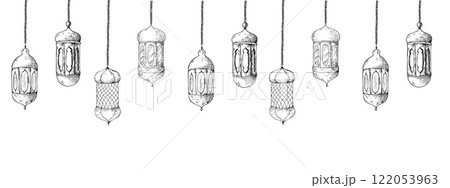 Vector frame with Moroccan arabian lantern, light, crescent stars on chains. Graphic illustration isolated on white background. Muslim hand drawn line sketch, holiday Ramadan Kareem or Eid Al Adha 122053963
