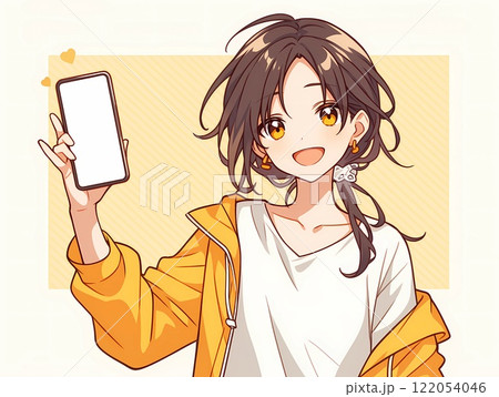 スマホ画面をこちらに向けている笑顔の女の子 122054046