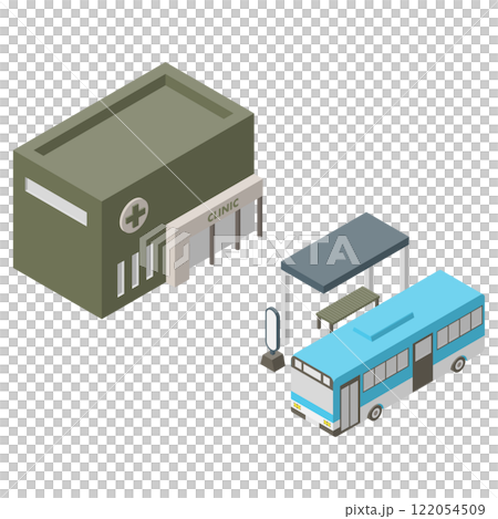 Colored isometric illustration with a bus stop and a clinic. Calm colors, right view. 122054509