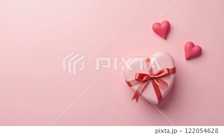 Heart-shaped gift box with ribbon and decorative hearts on a soft pink background 122054628