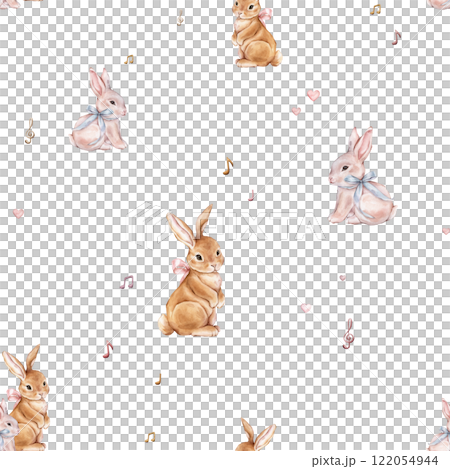 Watercolor seamless pattern with cute white rose bunny with bow and musical notes. Repeat pattern pastel color with red rabbit. Tender watercolor hand drawn illustration for holiday or kids design. 122054944