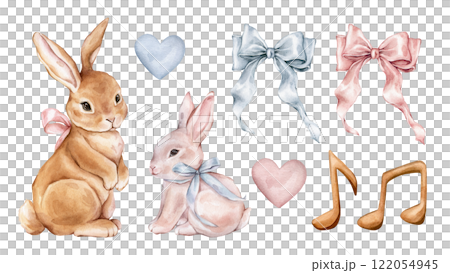 Watercolor set of red rabbit and white pink bunny with bow. Hand drawn illustration musical notes and hearts. Pink and light blue bows isolated on a white background. Clipart drawing pastel colors. Watercolor set of red rabbit and white pink bunny with bow. Hand drawn illustration musical notes and hearts. Pink and light blue bows isolated on a white background. Clipart drawing pastel colors. 122054945