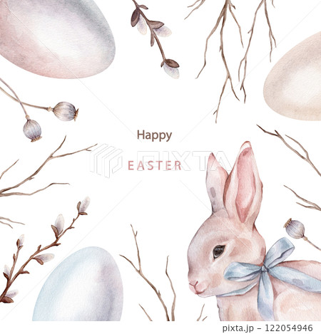 Happy Easter card with watercolor cute rabbits or bunny with light blue bow, paint eggs, willow and tree branch without leaves. Easter watercolor posters, cover design, greeting cardin pastel color Happy Easter card with watercolor cute rabbits or bunny with light blue bow, paint eggs, willow and tree branch without leaves. Easter watercolor posters, cover design, greeting cardin pastel color 122054946