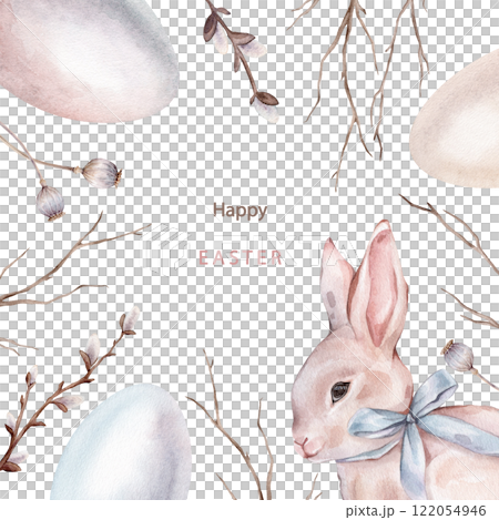 Happy Easter card with watercolor cute rabbits or bunny with light blue bow, paint eggs, willow and tree branch without leaves. Easter watercolor posters, cover design, greeting cardin pastel color Happy Easter card with watercolor cute rabbits or bunny with light blue bow, paint eggs, willow and tree branch without leaves. Easter watercolor posters, cover design, greeting cardin pastel color 122054946