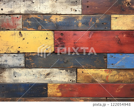 ヴィンテージ風カラフルな木材の壁パネルテクスチャ ヴィンテージ風カラフルな木材の壁パネルテクスチャ 122054948