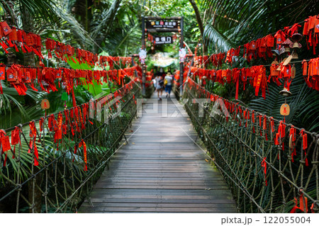 The vibrant and colorful Love Lock Bridge is beautifully surrounded by lush greenery and nature The vibrant and colorful Love Lock Bridge is beautifully surrounded by lush greenery and nature 122055004
