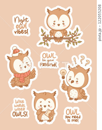 Cute cartoon Owl stickers. Isolated wise kawaii bird with book, on branch, in winter clothes and with light bulb, searching for ideas with funny cool slogans. Vector illustration. Kids collection. 122055208
