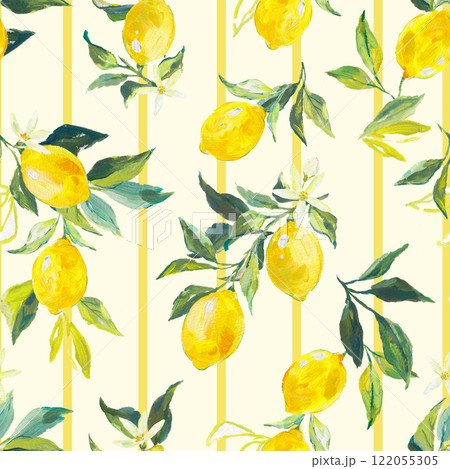 Beautiful seamless pattern with watercolor fresh lemons with leaves and flowers in sunny Mediterranean style. Ready summer print design for wallpapers, wrappings, textile. 122055305