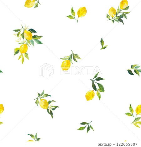 Beautiful seamless pattern with watercolor fresh lemons with leaves and flowers in sunny Mediterranean style. Ready summer print design for wallpapers, wrappings, textile. Beautiful seamless pattern with watercolor fresh lemons with leaves and flowers in sunny Mediterranean style. Ready summer print design for wallpapers, wrappings, textile. 122055307