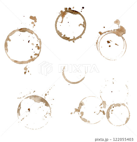 Hand draw set of abstract coffee watercolor circle splashes and stains isolated on white background Hand draw set of abstract coffee watercolor circle splashes and stains isolated on white background 122055403