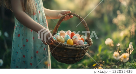 Girl in white dress holds basket of colorful eggs during sunset in a field 122055439