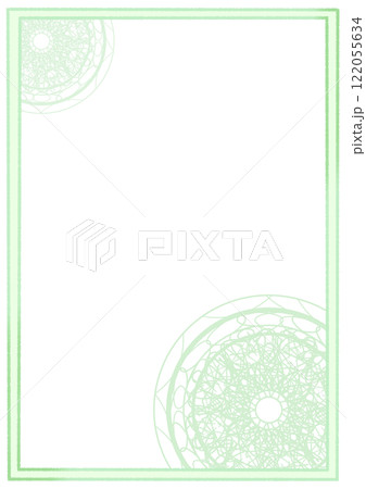 抹茶ラテをイメージした色あいの手書き風のフレームと円形レースの背景フレーム 122055634