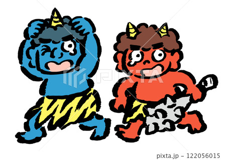 逃げる赤鬼と青鬼 筆タッチ手描きイラストのイラスト素材 [122056015