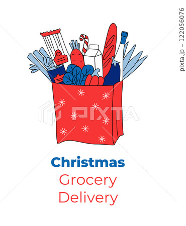 Festive vector illustration Christmas grocery delivery. 122056076