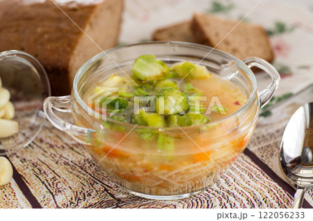 Hot Broth with Brussels Sprouts and Vegetables 122056233