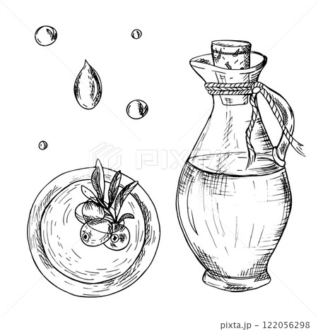 Set of Olive Oil glass Jug, oil drops, Olive fruits and Branches in oil Bowl from top view. Hand drawn botanical Line art, Vector illustration. For cards, menu, product and italian or greek or spanish Set of Olive Oil glass Jug, oil drops, Olive fruits and Branches in oil Bowl from top view. Hand drawn botanical Line art, Vector illustration. For cards, menu, product and italian or greek or spanish 122056298