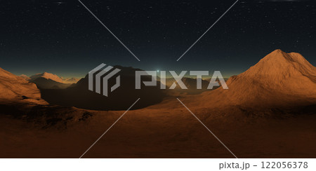 360 degree panorama of Mars sunset, environment HDRI map. Equirectangular projection, spherical panorama. Martian landscape, 3d rendering 122056378