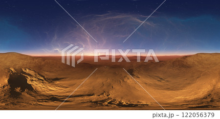 360 degree night alien desert landscape. Equirectangular projection, environment map, HDRI spherical panorama. 122056379