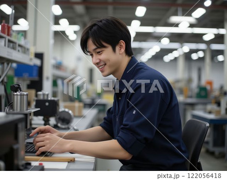 工場で作業服を着て立っている男性 122056418