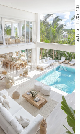 Luxurious modern villa with open living space and serene pool surrounded by tropical greenery. Generative AI 122056533