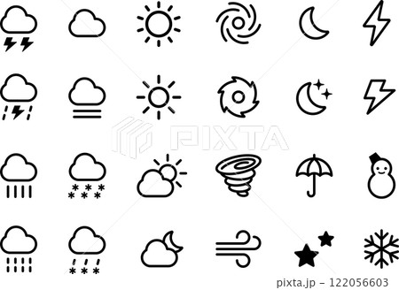 天気のアイコンマークイラストセットモノクロ 天気のアイコンマークイラストセットモノクロ 122056603