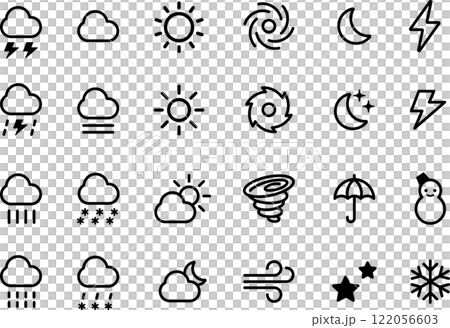 天気のアイコンマークイラストセットモノクロ 天気のアイコンマークイラストセットモノクロ 122056603