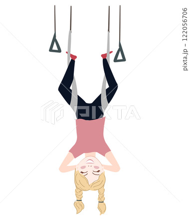 Happy kid hanging upside down in an aerial hammock. Girl exercises at antigravity yoga. Fly yoga vector isolated illustration Happy kid hanging upside down in an aerial hammock. Girl exercises at antigravity yoga. Fly yoga vector isolated illustration 122056706
