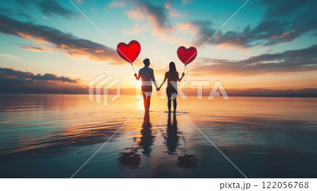 A couple holding hands outdoors at sunset, with heart-shaped balloons floating in the background, capturing a romantic moment. 122056768