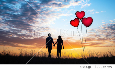 A couple holding hands outdoors at sunset, with heart-shaped balloons floating in the background, capturing a romantic moment. 122056769