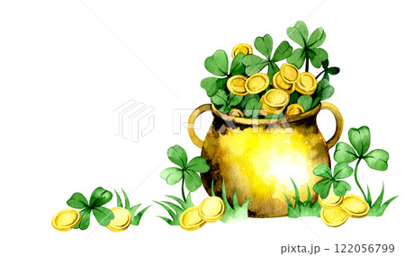 decoration for st. patrick's day. pot with gold coins and clover leaves. watercolor illustration 122056799