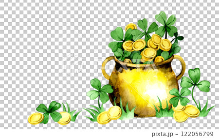 decoration for st. patrick's day. pot with gold coins and clover leaves. watercolor illustration 122056799