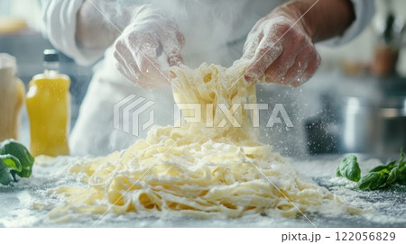 Close up of professional chef serving pasta while working in kitchen. High quality illustration 122056829