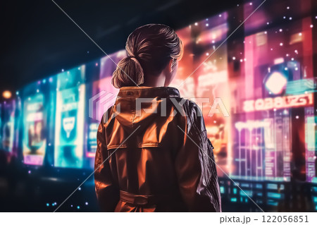 デジタルスクリーン広告を見る女性の後ろ姿のイラスト素材 [122056851
