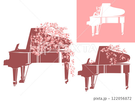 grand piano with spring season pink sakura flower branches vector set 122056872