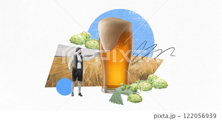 Modern graphic design. Beer glass with foam, hops, wheat field, and Bavarian figure, blending traditional festival charm with rustic Friday night mood. Modern graphic design. Beer glass with foam, hops, wheat field, and Bavarian figure, blending traditional festival charm with rustic Friday night mood. 122056939