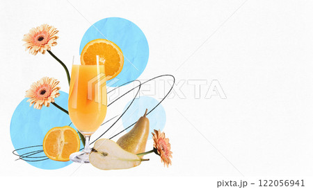 Conceptual art design. Orange juice cocktail in tall glass with orange slices, pear, floral accents against white background with blue abstract patterns, radiating sunny Friday vibes. 122056941