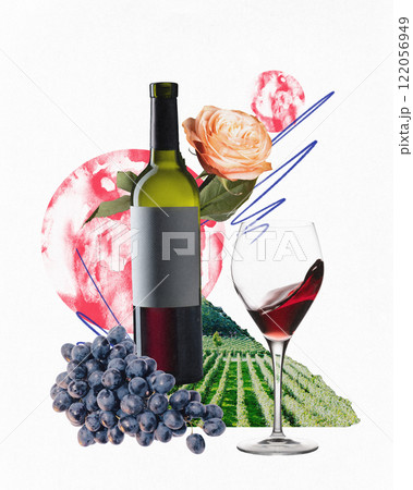 Contemporary art design. Red wine bottle with rose, grapes, vineyard view, and abstract textures, capturing sophisticated yet casual Friday relaxation. 122056949