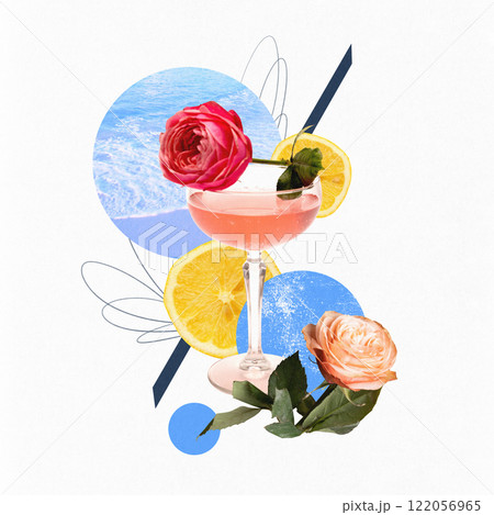 Contemporary art collage. Vibrant cocktail glass with pink drink, red rose, citrus slices, artistic blue textures, evoking elegance and Friday party vibe. 122056965